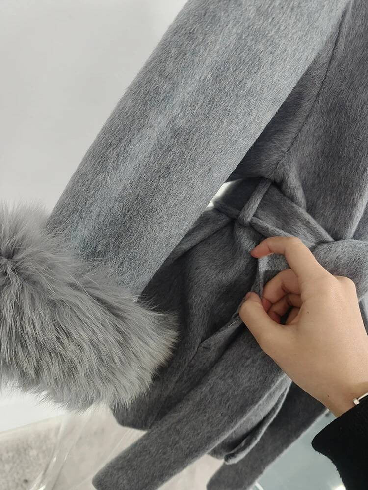 UCXQ Casaco Feminino Elegante OL para Escritório com Retalhos de Pelo Manga Comprida Lã Jaqueta de Roupa Feminina Bonita Outono Inverno 2025