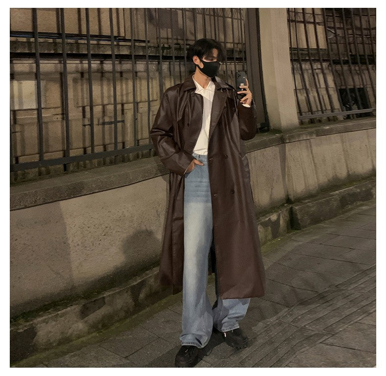 Autumn Trench Coat Men's High-end Luxury Double Row PU Leather Coat Male Long Korean Style Windbreaker Motorcycle Leather Jacket