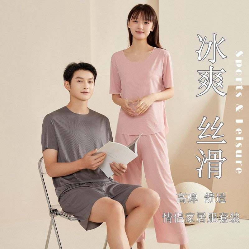 Super Thin Pajamas Suit Women Men Summer Ice Silk Cool Short-sleeved O-Neck Sleepwear Male Female Classic Simple Loungewear Suit