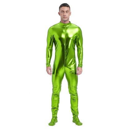 Men's Shiny Metallic Zentai Dress-up Jumpsuit Cosplay Costume Performance Stage Disco Clubwear Full Body Unitard Tights Leotard