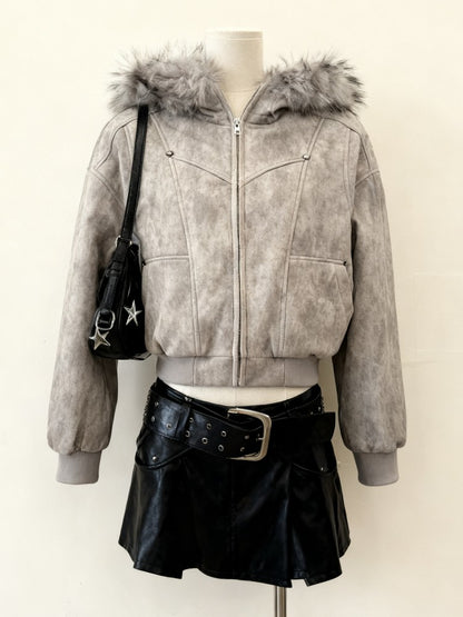 Faux Fur Amercan Vintage Hooded Coats with Hooded Women Zipper Sweatshirts Casual Streetwear Grunge Jacket Y2k Stand Neck