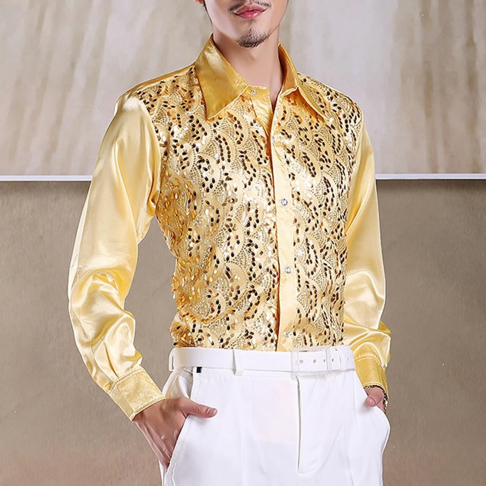 Men Sequins Shirt Adult Lapel Long Sleeved Dance Performance Shirt Costume Wedding Stage Shirt Slim Fit Casual Men Shirts Tops