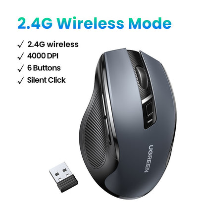 Mouse sem fio UGREEN Bluetooth 5.0 Mouse ergonômico 4000DPI 6 botões silenciosos Mouse para MacBook Tablet Laptops Computador PC 2.4G
