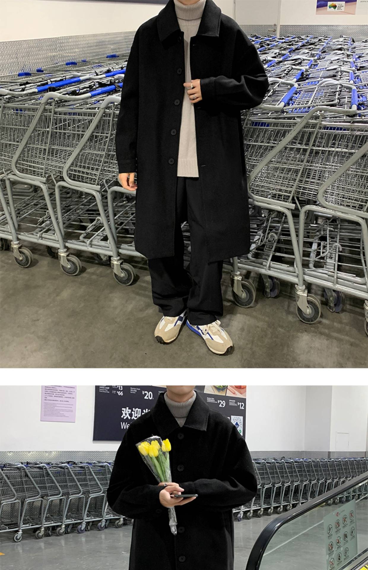 Blends Men X-long Autumn Winter Korean Style Trendy Loose Overcoats Solid Handsome All-match College Harajuku Clothing Mid-calf