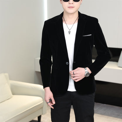 Gold Velvet Suit Men's Trendyy Performance Suit Spring & Fall All Year Round Slim Thin Youth Dress Groomsmen Groom's Dress Wedding Party Suit