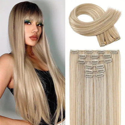 Extensões de Cabelo Sintéticas Lisas Longas com 16 Grampos para Mulheres e Meninas Acessórios para Cabelo