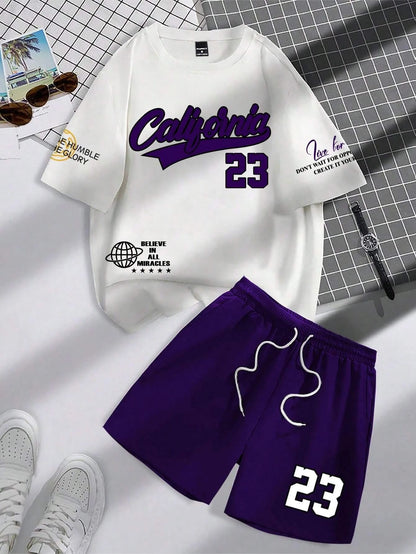 2025 summer new trend men's suit round neck short sleeve set fashion personalized alphanumeric print round neck T-shirt and shor