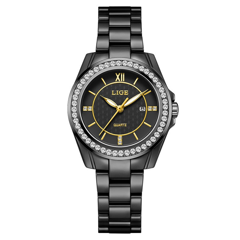LIGE Fashion Quartz Watch for Women Stainless Steel Ceramics Strap Waterproof Women's Watches Elegant Luxury Ladies Wristwatch