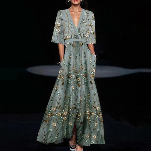 Women Fashion 2024 Spring V Neck Belted Party Long Dress Sexy Printing A-Line Bo