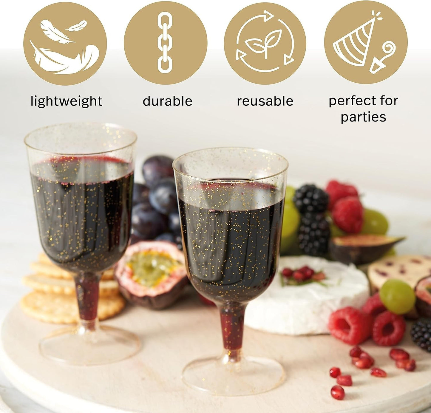 50 Taças de Vinho de Plástico com Glitter Dourado para Casamentos, Aniversários, Chá de Panela e Festas, 180ml - Resistentes e Reutilizáveis