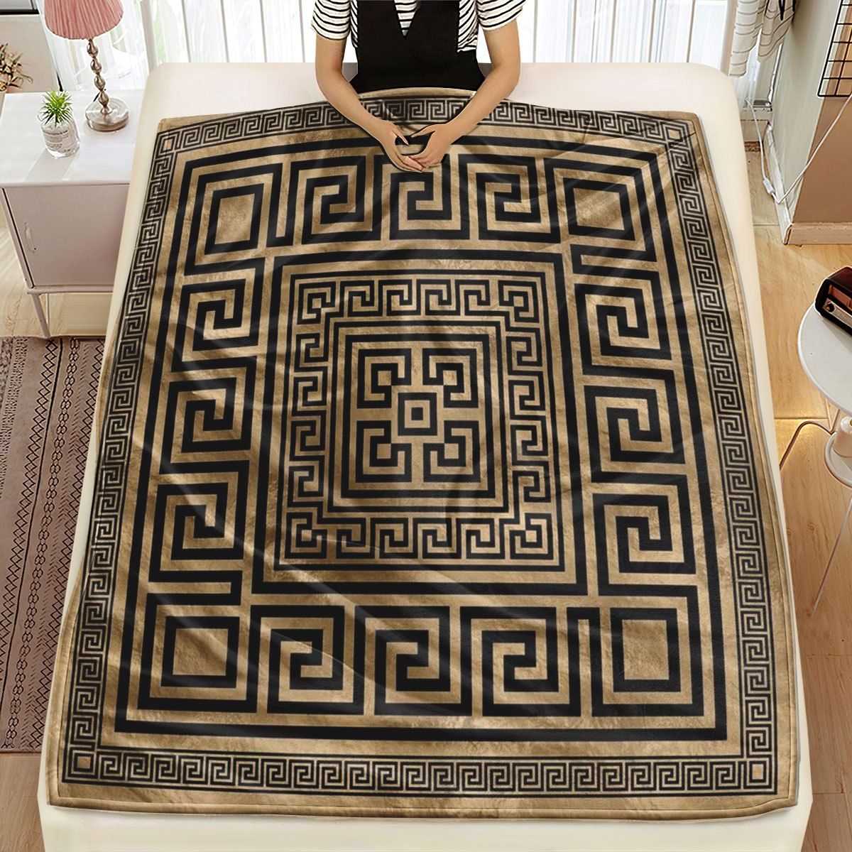 Geometric Greek Key Throw Blanket Tapestry Couch Decor Luxury Meander Pattern Gold Beige Bohemian Xmas Gift Accent Plaid