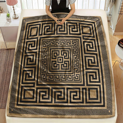 Geometric Greek Key Throw Blanket Tapestry Couch Decor Luxury Meander Pattern Gold Beige Bohemian Xmas Gift Accent Plaid