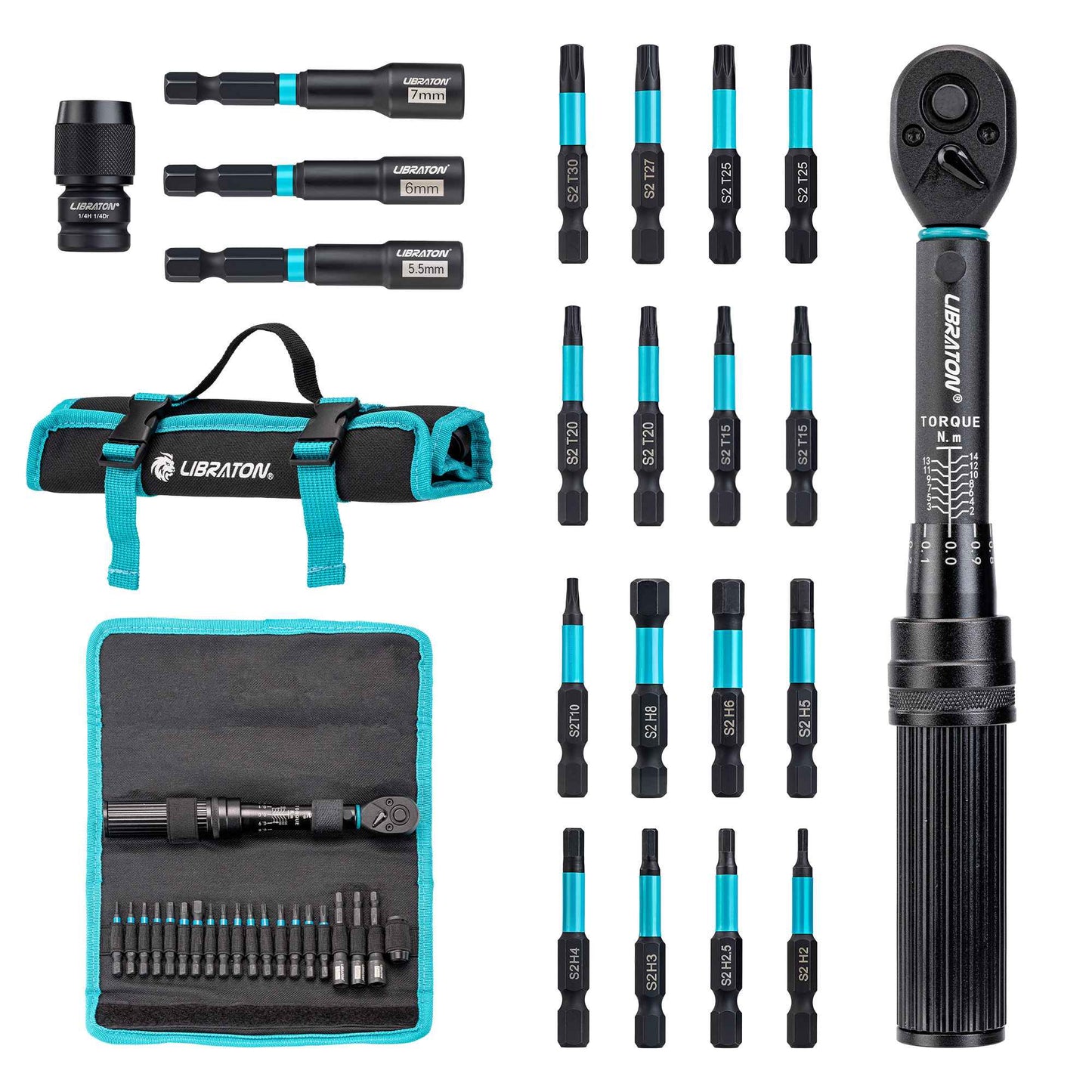Chave Torquímetro para Bicicleta 21 Peças 1/4" 2-14Nm, Conjunto de Chaves de Torque para Bicicleta com Soquetes, Chave de Soquete e Bits de Impacto para Reparo de Bicicletas e Motocicletas