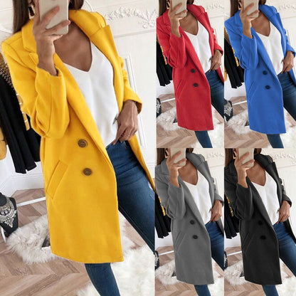 2024 European and American New Solid Color Lapel Mid length Button Woolen Coat for Women