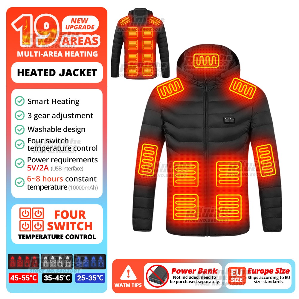 Jaqueta de Inverno Masculina Feminina com Aquecimento em 21 Áreas para Motoqueiros, Jaqueta USB com Aquecimento Elétrico, Colete Térmico para Moto, Casaco