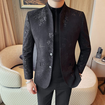 Men's New Chinese Stand Collar Blazer Jacket 2025 Fashion Elegant Printed Slim Fit Business Suits Jacket Tailcoat Men Clothing