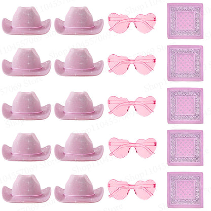 6-48Pcs Sparkly Cowboy Hat for Wedding Bachelorette Party Cowgirl Hats with Bandanas Heart Sunglasses Western Party Supplies