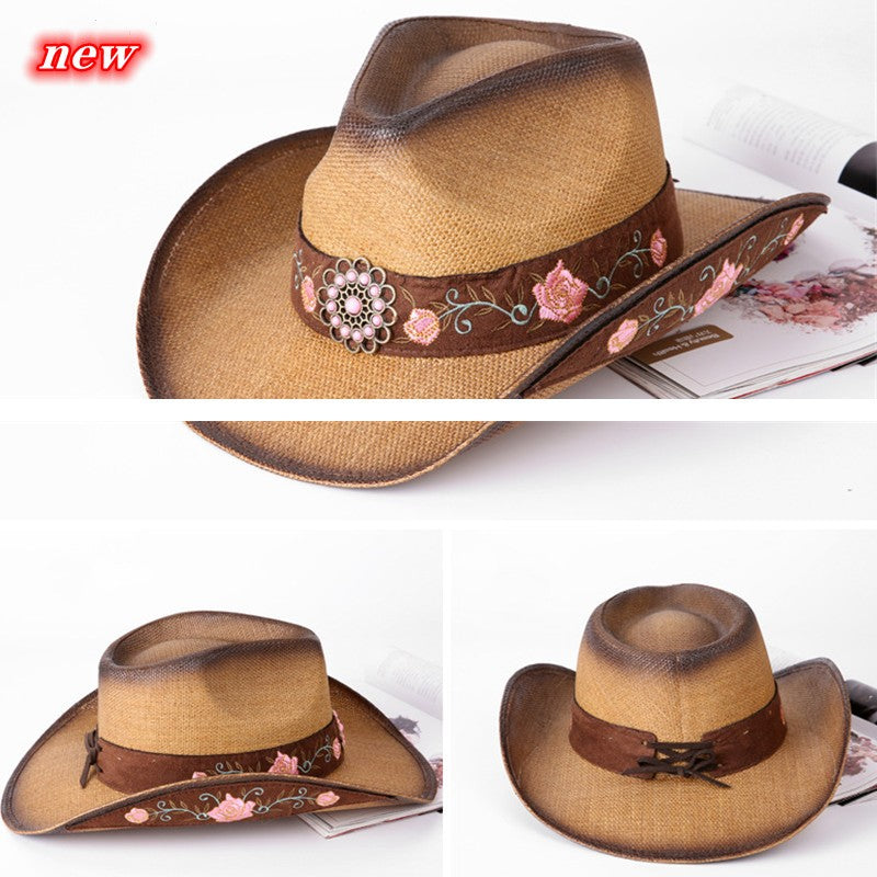 Chapéu de vaqueiro ocidental feito à mão com bordado tridimensional, chapéu de palha masculino, chapéu feminino para atividades ao ar livre, luxo leve europeu e americano