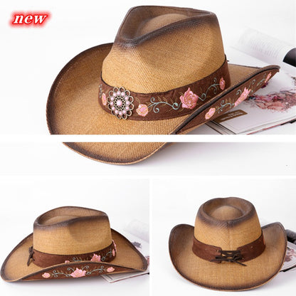Chapéu de vaqueiro ocidental feito à mão com bordado tridimensional, chapéu de palha masculino, chapéu feminino para atividades ao ar livre, luxo leve europeu e americano