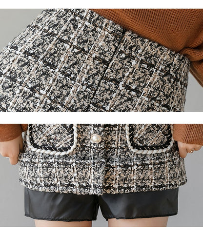 High Waist Single Breasted Women's Tweed Pencil Skirt With Pocket Autumn Winter Plaid Retro Woolen Short Skirts Female