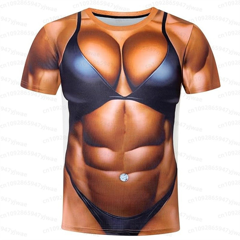 Funny muscular man pattern spoof 3D print sport Quick-dry Breatha men's T-shirt outdoor street role-playing  cosplay t-shirt