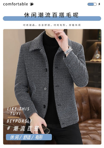 Korean Winter Woolen Jacket Men Plush and Warm Short Trench Coat Plaid Casual Business Streetwear Overcoat Social Men Clothing