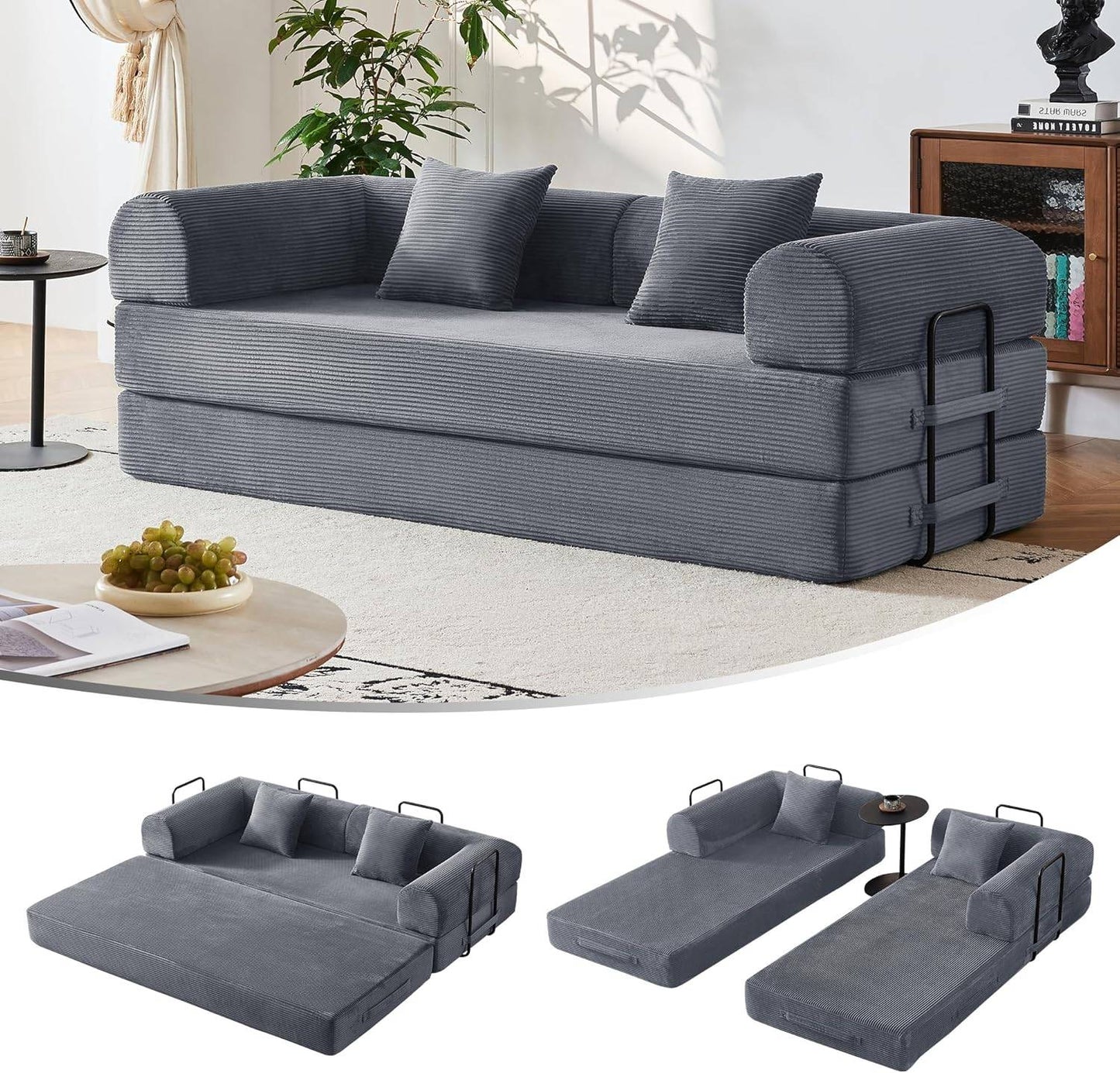 79" Convertible Sofa Bed, Corduroy Convertible Sleeper Sofa Bed, Boneless Couch with Fixed-Shape Frame, Floor Sofa Modular Couch