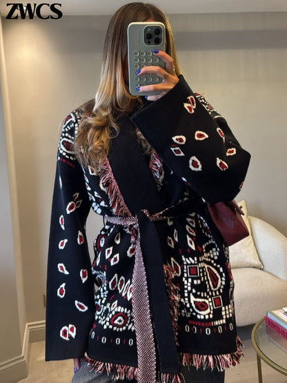 Knitted Print Lace-up Cardigan Coat Women's Elegant V-neck Tassels Full Sleeve Belted Sweaters 2025 Autumn New Ladies Outwear