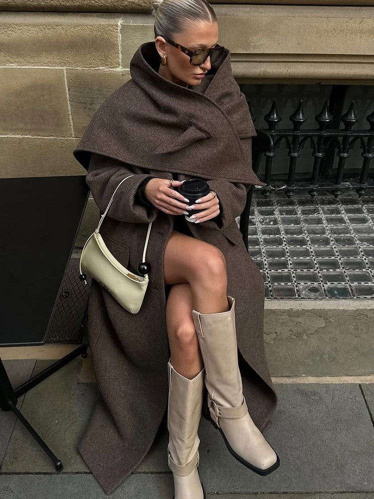 Women Elegant Shoulder Pad Wool Blend Overcoat Brown Lapel Single-breasted Long Sleeve Coat 2025 Autumn Lady Commuter Outerwear