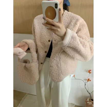 Korean Chic round Neck Single Button Loose Lamb Fur Jacket Winter Elegant Fashion Small Size with Bag Matching Women's Coat