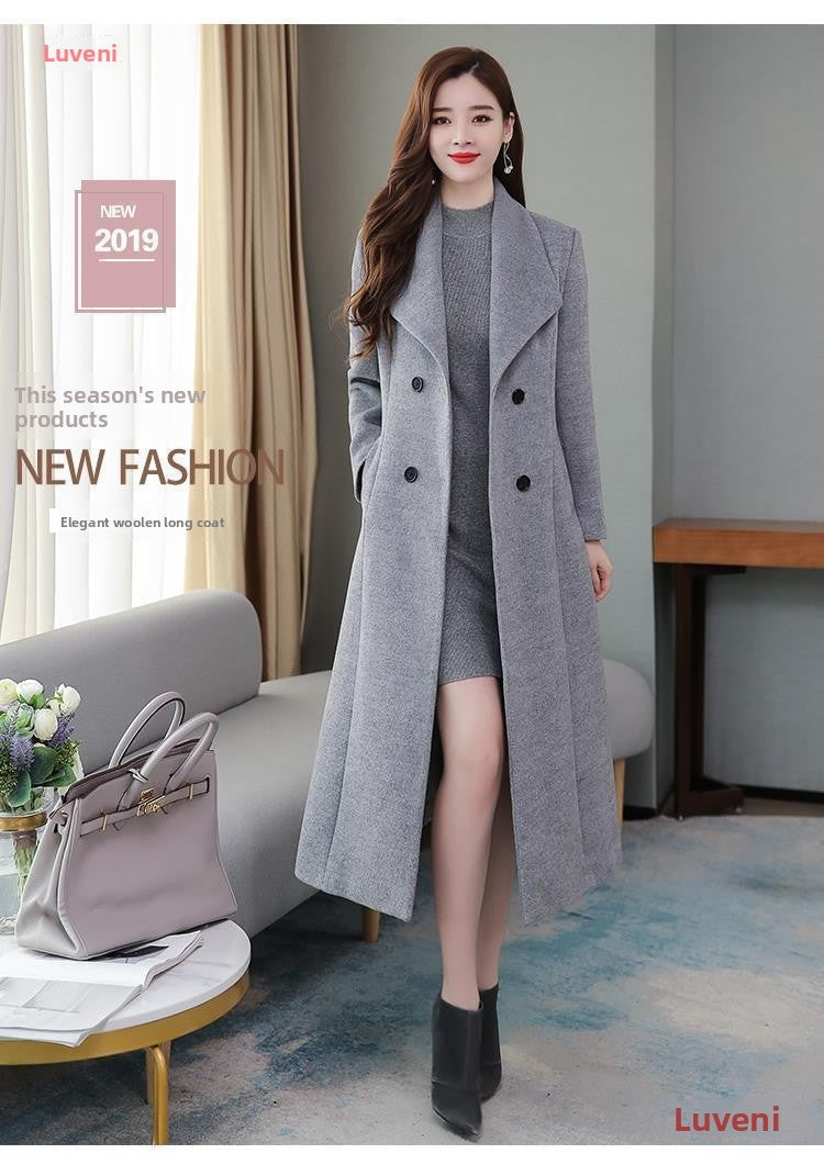 Plus Size Women's Overcoat Long Thickened Woolen Coat Long Collar Slim Fit Waist Cinched Outerwear Spring Autumn New Style Ho...