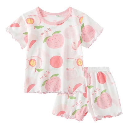 2Pcs 2025 Summer Kids Leopard Print Home Clothes Set Girls' Ice Silk Pajama Sets Baby Short Sleeve Shorts Tops Women' Loungewear