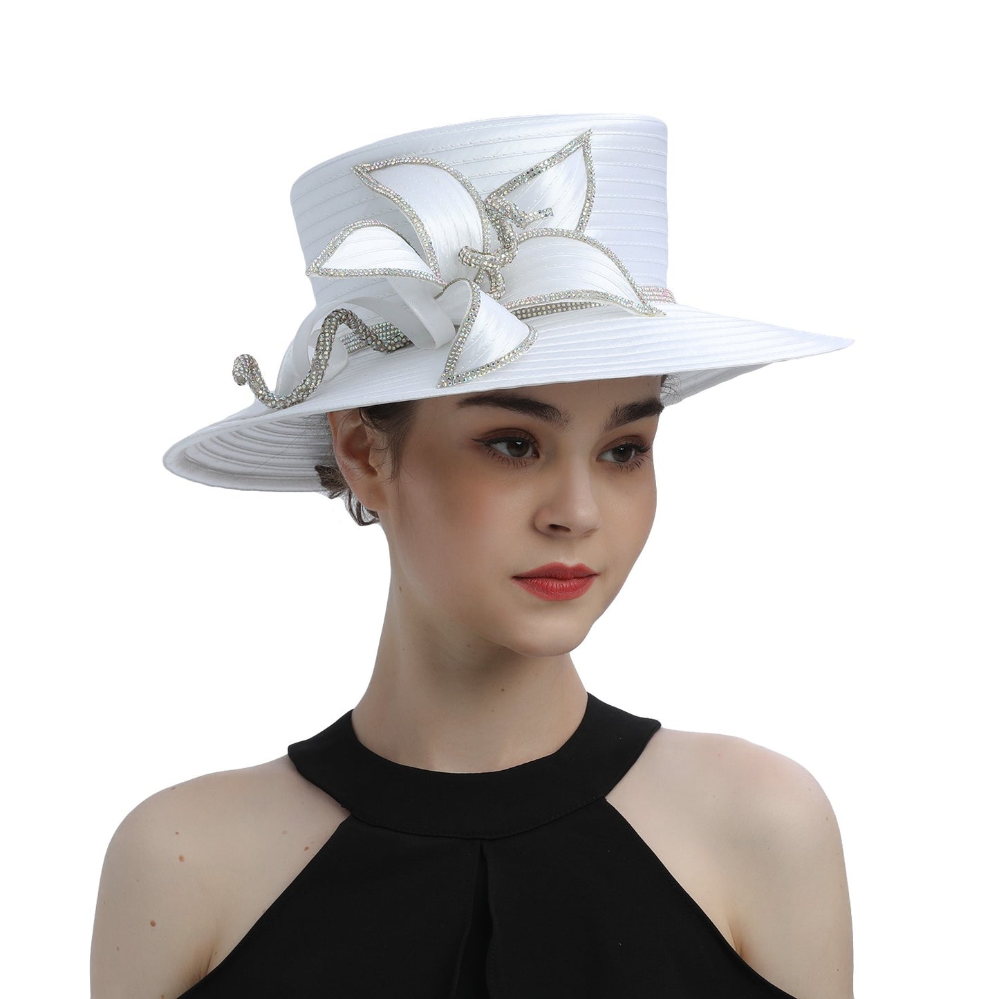 Deluxe New White Church Hat Party Banquet Satin Cloth Photography Hats Premium Chains Formal Hat Flower Top Cap For Women Ladies