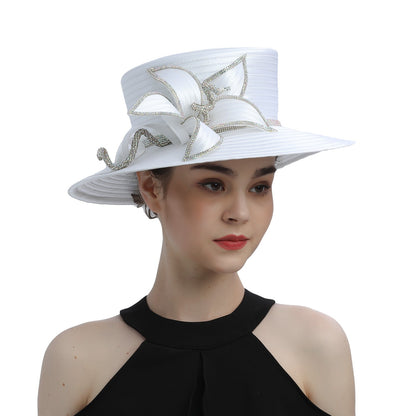Deluxe New White Church Hat Party Banquet Satin Cloth Photography Hats Premium Chains Formal Hat Flower Top Cap For Women Ladies