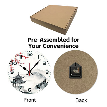 Chinese Landscape Wooden Round Silent Hanging Wall Clock, Suitable For Living Room, Office, Study Room, Bedroom, Home Decoration