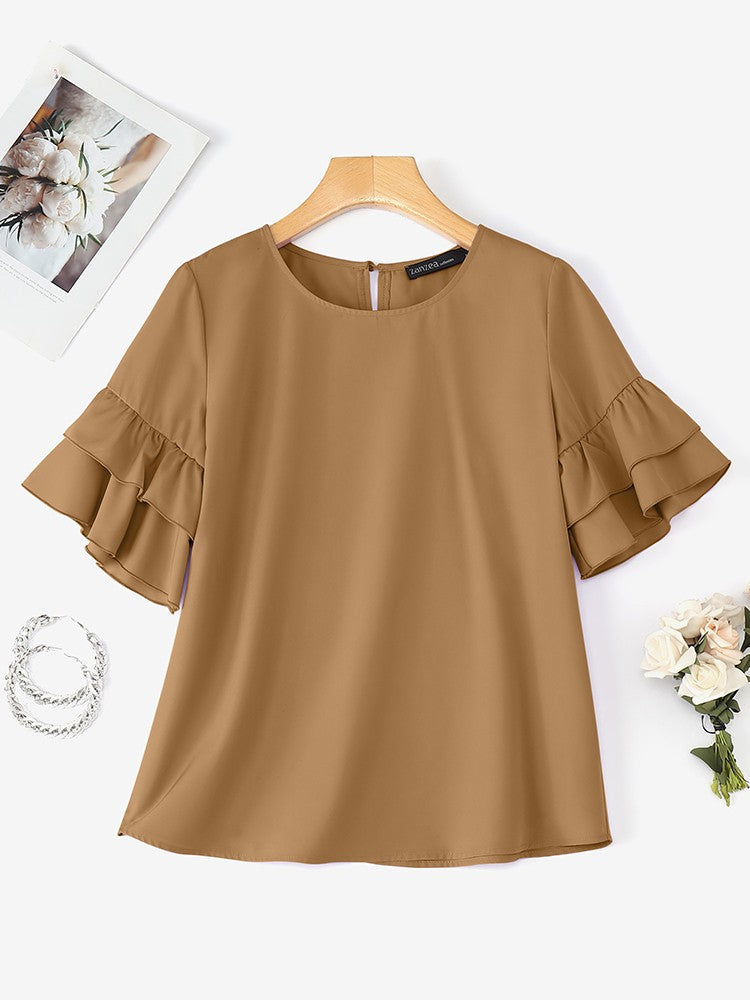 2025 Elegant Office Lady Blouses ZANZEA Summer O Neck Short Sleeve Blouse Women Stylish Solid Holiday Shirt Female OL Work Tops