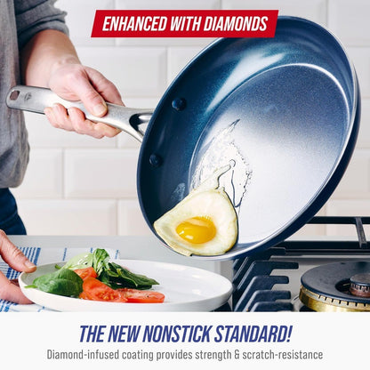Blue Diamond Nonstick Frying Pan and Skillet Set, 9.5 & 11 Diameter, Diamond Enhanced Ceramic Cookware, PFAS and PTFE-Free, Dish
