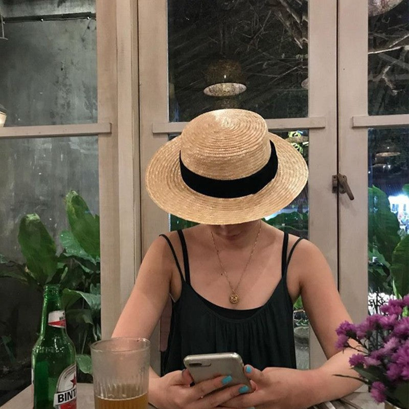 Chapéu de sol feminino de verão com aba larga, Fedora, palha de trigo natural, chapéu de praia, chapéu de sol feminino de ráfia, Panamá Jazz