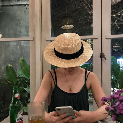 Chapéu de sol feminino de verão com aba larga, Fedora, palha de trigo natural, chapéu de praia, chapéu de sol feminino de ráfia, Panamá Jazz