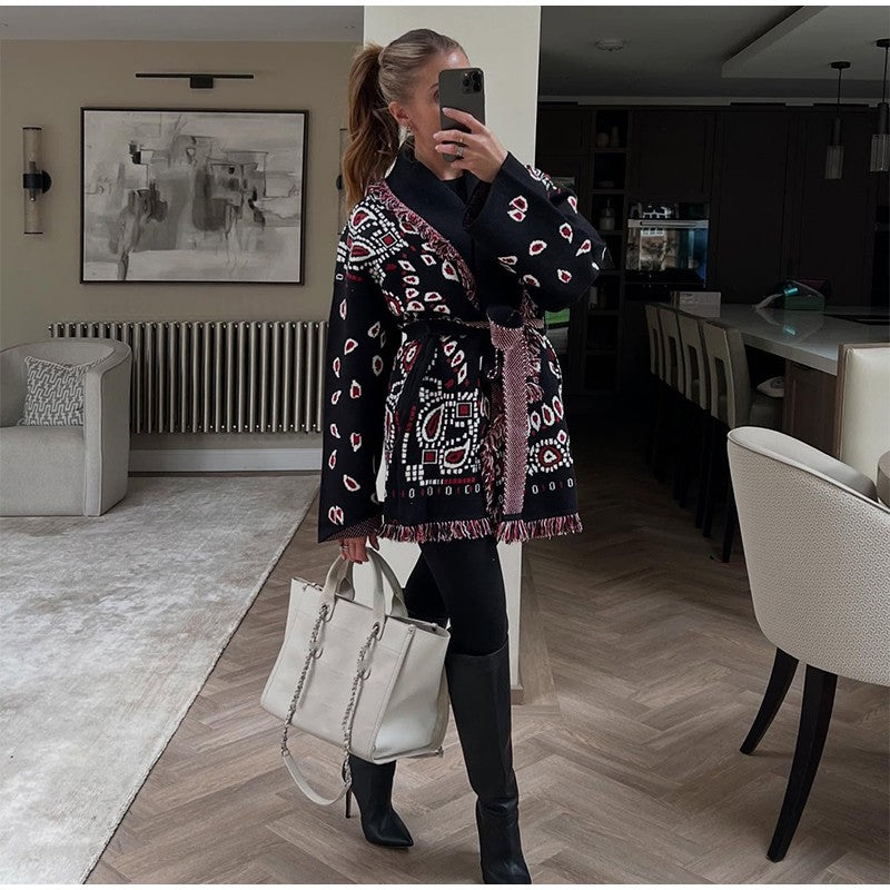 Knitted Print Lace-up Cardigan Coat Women's Elegant V-neck Tassels Full Sleeve Belted Sweaters 2025 Autumn New Ladies Outwear