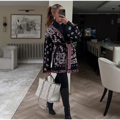 Knitted Print Lace-up Cardigan Coat Women's Elegant V-neck Tassels Full Sleeve Belted Sweaters 2025 Autumn New Ladies Outwear