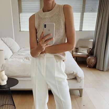 2024 Summer Sleeveless Tank Top Women Fashion Hollow Camisoles Casual Thin Basic Ice Silk Knitted Tanks Vest Female Blusas 14810