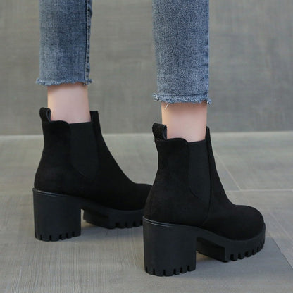 Autumn Women Suede Ankle Boots Fashion Metal Decoration Slimming Short Booties Autumn Winter Female Thick Heel Shoes D114