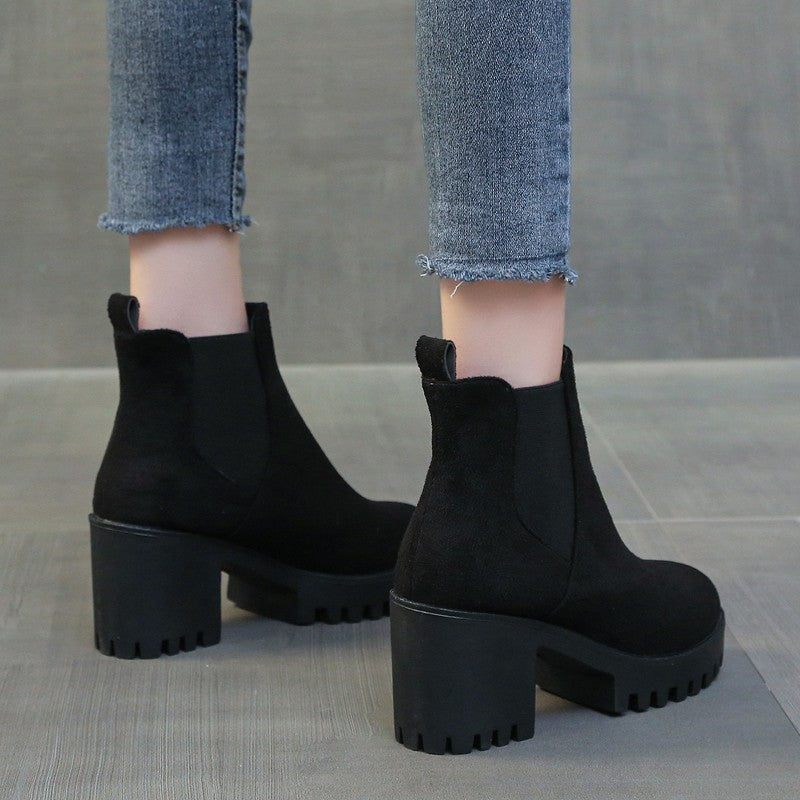 Autumn Women Suede Ankle Boots Fashion Metal Decoration Slimming Short Booties Autumn Winter Female Thick Heel Shoes D114
