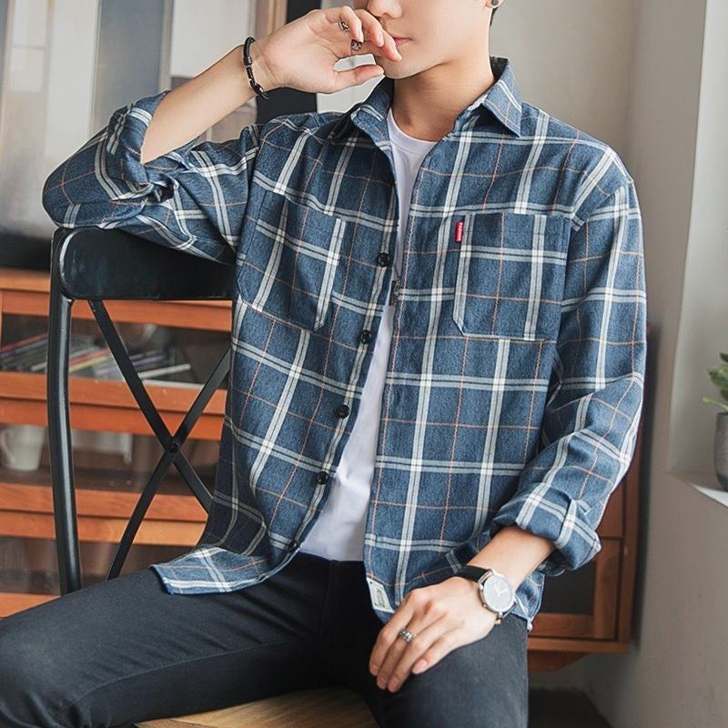 Long Sleeve Men's Shirt and Blouse Cargo Clothes with Pocket Plaid Male Top Luxury Button Aesthetic Sleeves Fashion 2025 Vintage