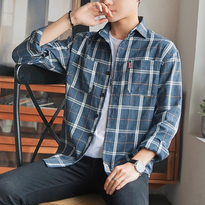 Long Sleeve Men's Shirt and Blouse Cargo Clothes with Pocket Plaid Male Top Luxury Button Aesthetic Sleeves Fashion 2025 Vintage