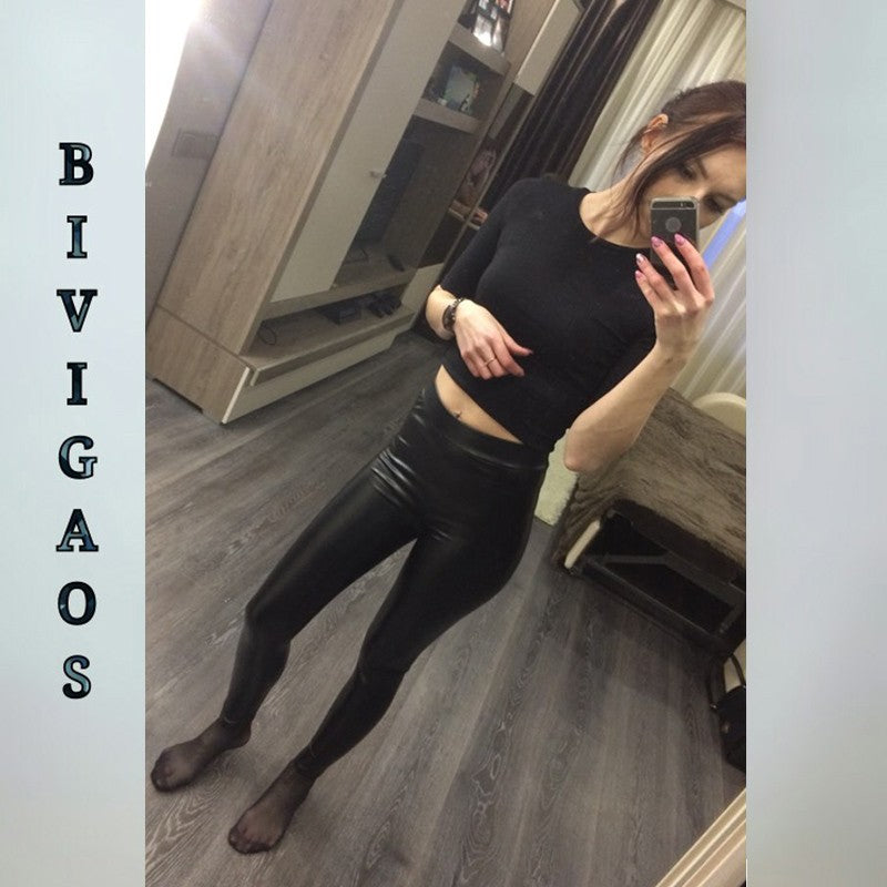 BIVIGAOS Fashion Women PU Leather Pants Elastic High Waist Winter Leggings Slim Velvet Leather Leggings Skinny Fleece Trousers