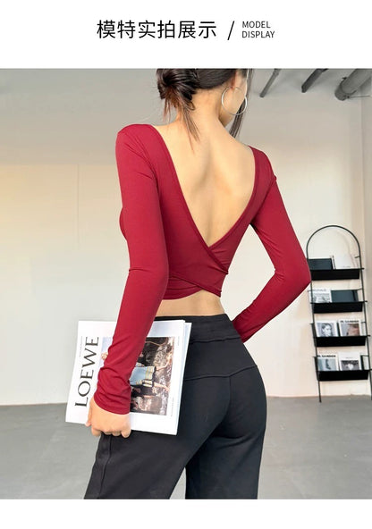 All-in-one deep V open back sexy sports top running training yoga wear slim fit slim casual fitness long sleeves