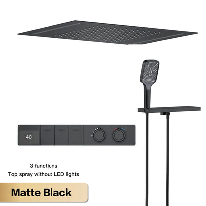Sistema de chuveiro de teto luxuoso em latão cinza escuro com temperatura constante e display digital LED de água quente e fria, torneira de banheiro embutida