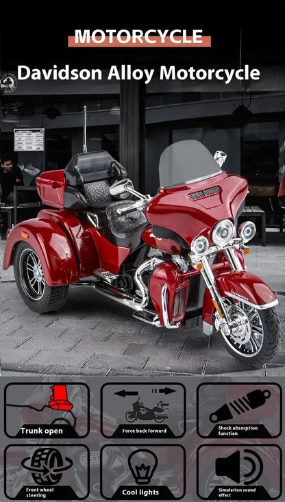 1:9 Harley D-vTRI GLIDE ULTRA Triciclo de Luxo em Liga Fundido Coleção Moto Brinquedo Luz e Som Decoração Presente